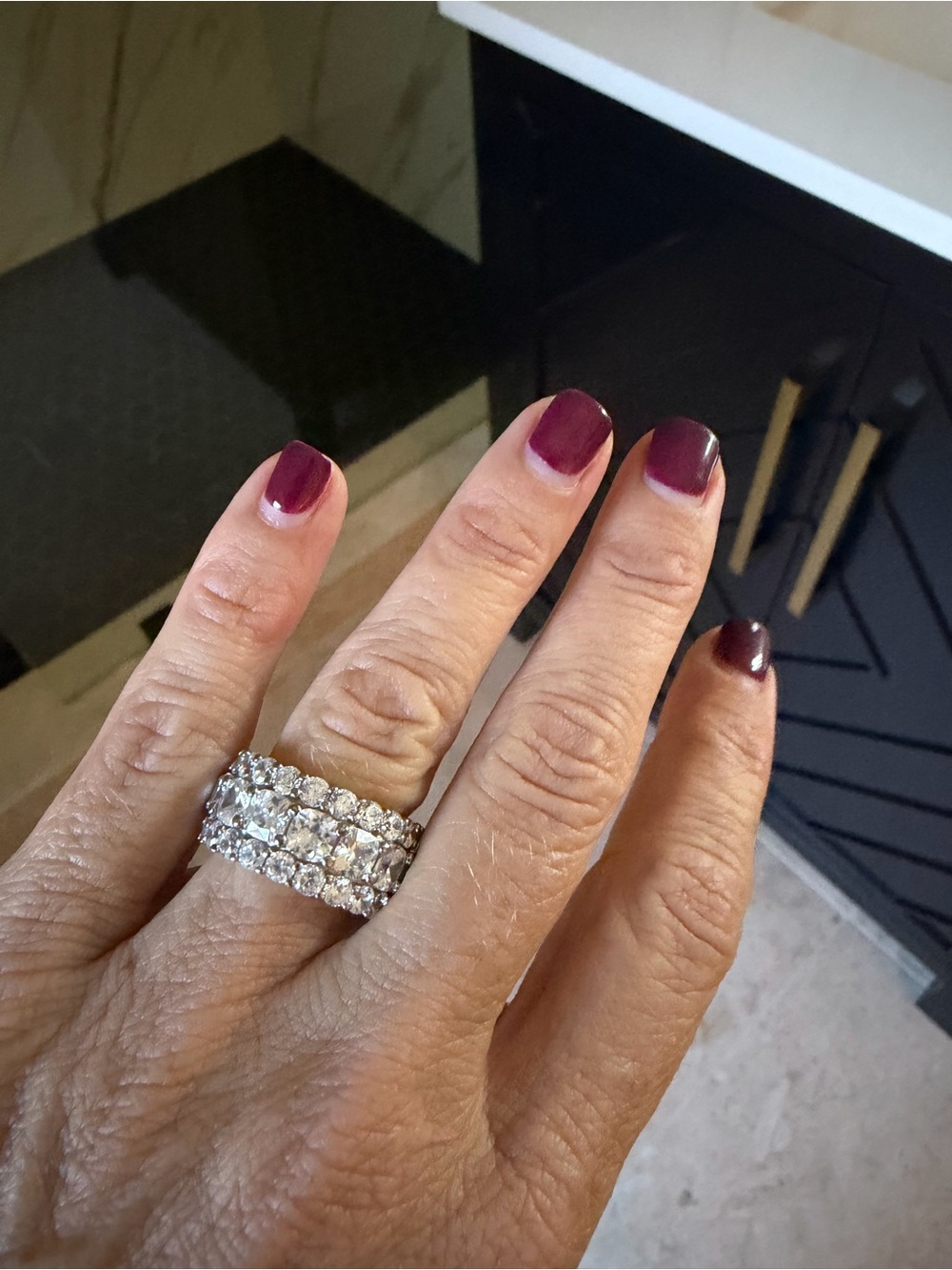 Three-Row Clear Crystal Statement Ring in Silver